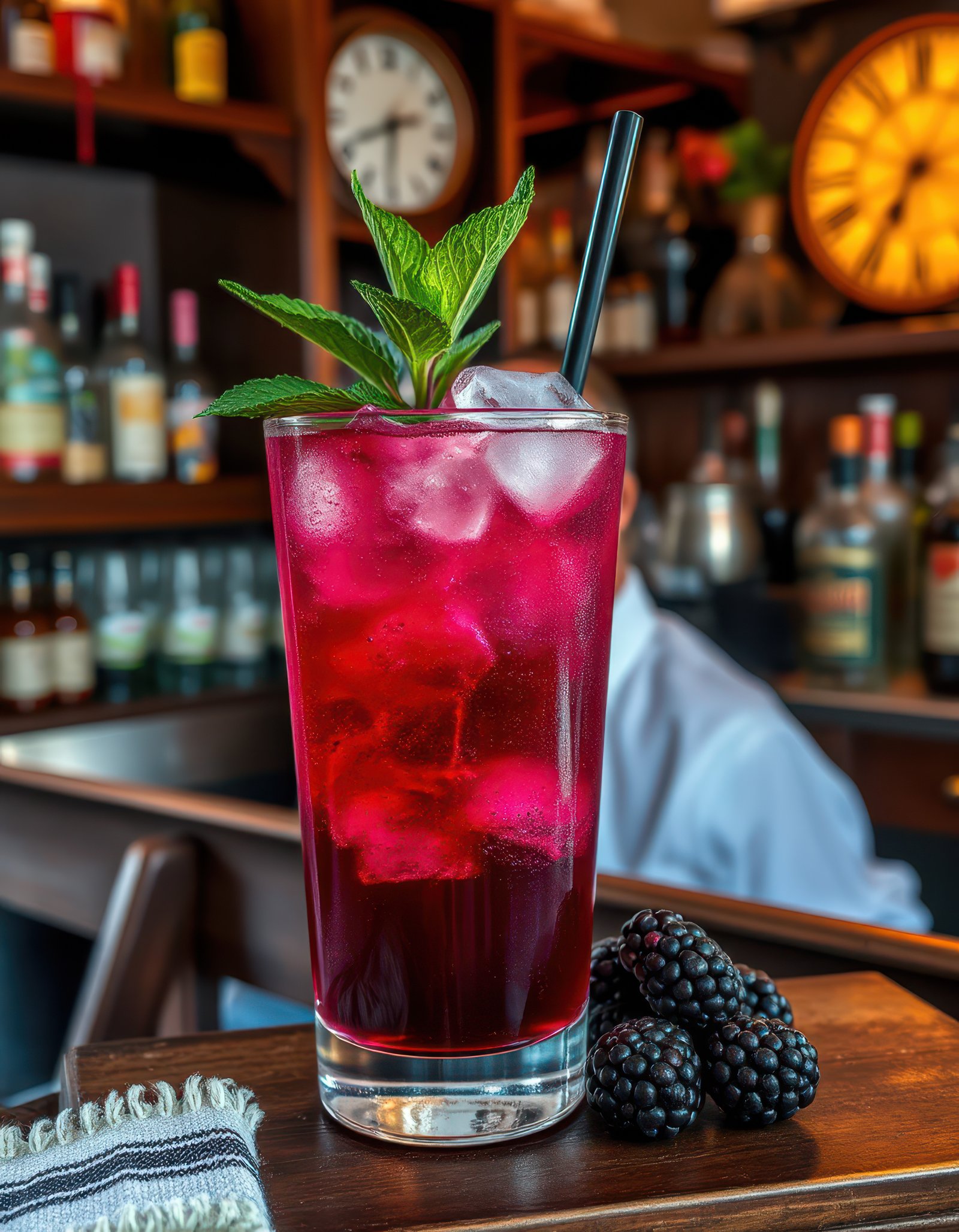 Refreshing cocktail with blackberries served in a vibrant bar setting during the evening